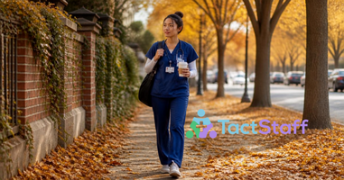 Travel healthcare professional preparing for a new assignment as the season shifts from summer to fall
